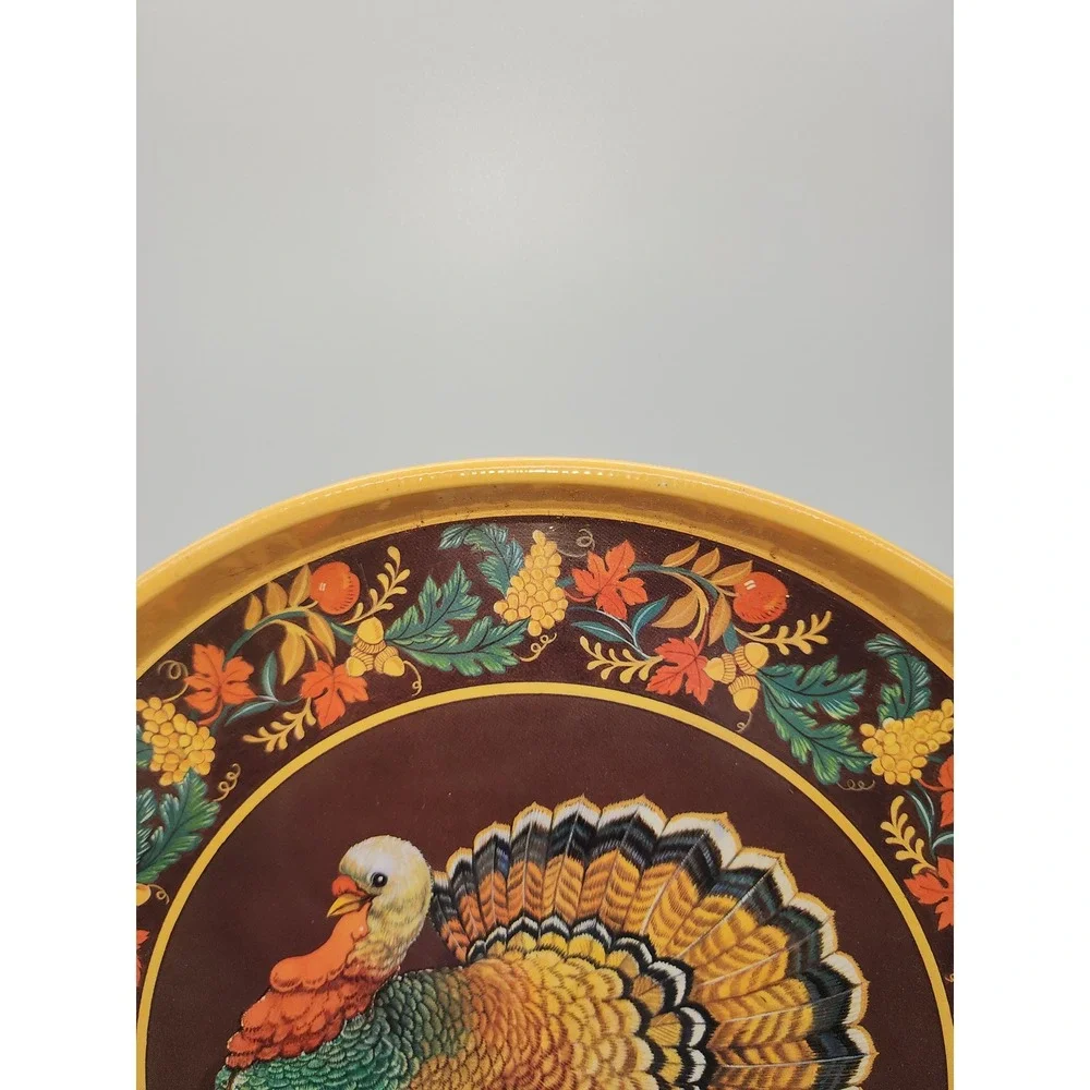 Vintage Thanksgiving Turkey Metal Serving Tray Round Tin Fall Harvest Decor 13